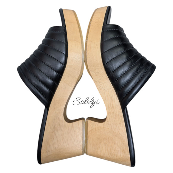 Beklina Ribbed Black Leather Open Toe Wooden Platform Clogs Mules Womens 10 - Picture 10 of 10